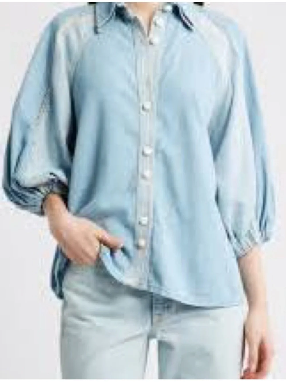 FARM Rio Light Blue Bicolor Button-Front Puff Sleeve Shirt
